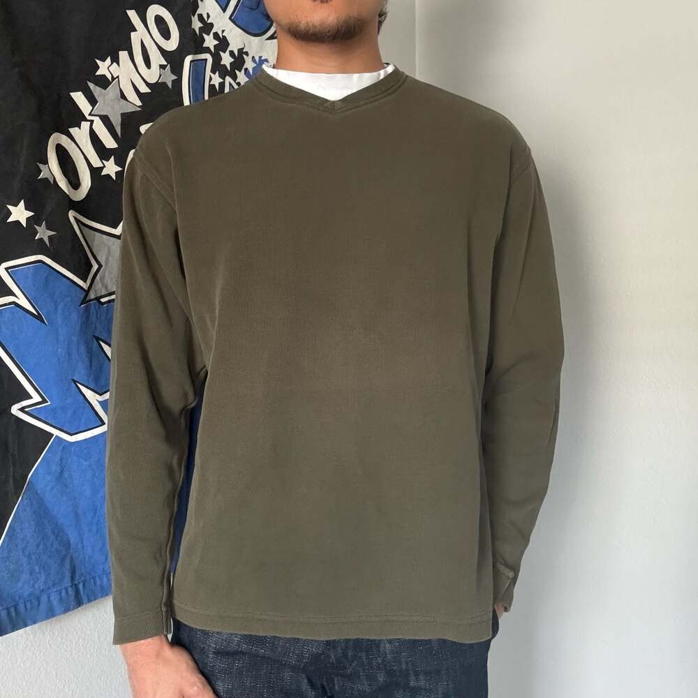 Vintage Haggar ForeverNew Olive Green Ribbed V-Neck Long Sleeve Pullover Shirt M